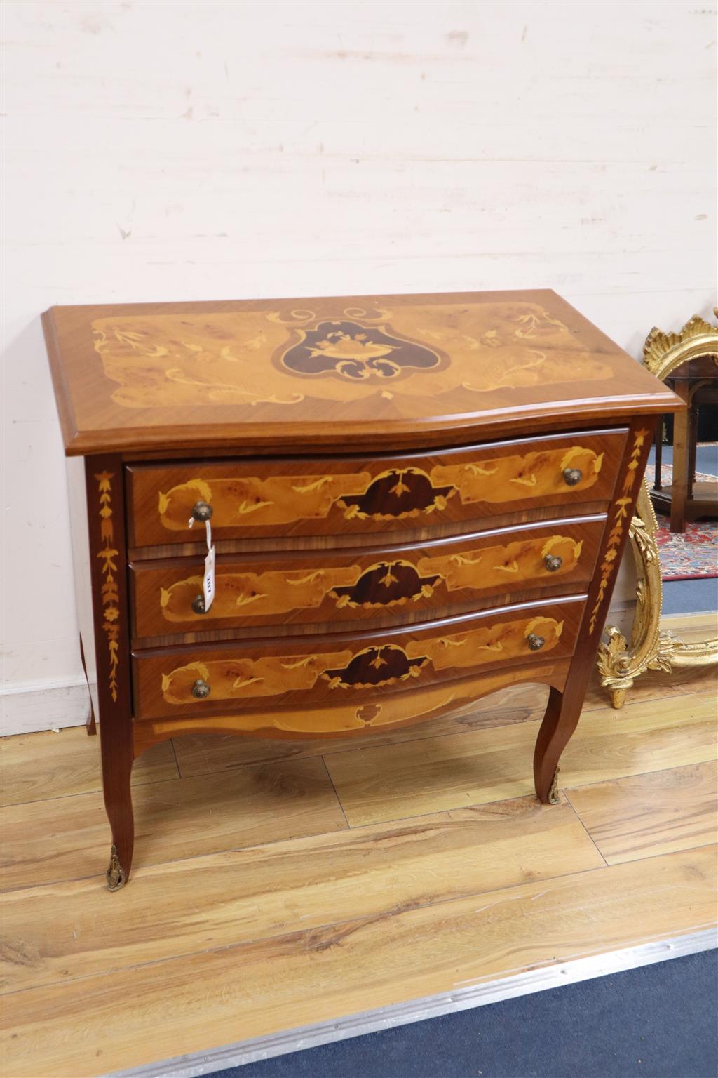 A reproduction marquetry chest, width 74cm, depth 38cm, height 72cm